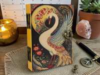 Carnet en cuir rigide Swan avec papier à bords frangés, Grimoire Livre des Ombres, Journal à cadenas antique