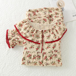 Ensemble pantalon et haut en crêpe de coton pur pour femme, <span class=keywords><strong>double</strong></span> <span class=keywords><strong>gaze</strong></span> fine, doux et <span class=keywords><strong>lisse</strong></span>, style rétro, col rond, manches longues, printemps-automne - Product Image 3