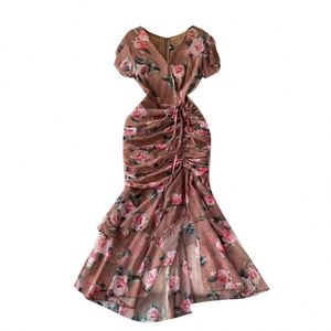 Vestido Maxi de Verano con Estampado, Cuello en V, Manga Corta, Estilo Trompeta/Sirena, Tejido Ecológico, Cintura Imperio, Retro, Venta al por Mayor para Damas - Product Image 5