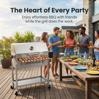 Barbecue au charbon de bois portable moderne de style chypriote avec roulettes, en acier inoxydable, rôtissoire à rotation automatique, hauteur du charbon réglable