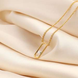 Women's 14K Gold Plated Minimalist Geometric <b>Charm</b> Necklace Rectangular Zirconia Pendant Claw Setting Made Brass for Anniversary - Product Image 5