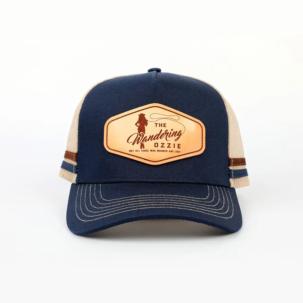 Custom Bulk Australia Country 5 Panel High Profile Navy Blue Leather Patch Logo Gorras Mesh 2 Side Stripes Trucker Caps Hat