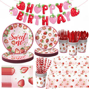 Ensemble de fournitures de fête d'anniversaire à thème fraise rose, service personnalisé pour assiettes, gobelets et <span class=keywords><strong>vaisselle</strong></span> jetables - Product Image 4