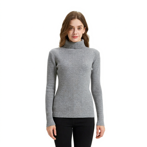 Women's <b>Turtleneck</b> Pullover Rib Knit 100% Cashmere Solid Gray Winter <b>Sweater</b> Sleeveless Casual Minimalist Style Front Logo - Product Image 1
