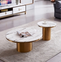 Vente en gros de tables basses rondes modernes, ensemble de 2 tables basses de salon de luxe en acier inoxydable doré avec dessus en marbre avec table d'appoint