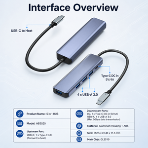 Hub USB-C 5-en-1 en aluminium en gros, puce GL3510, 5 Gbit/s, alimenté, répartiteur USB 3.0 à 4 ports, adaptateur Type-C vers USB-A avec alimentation CC - Product Image 4