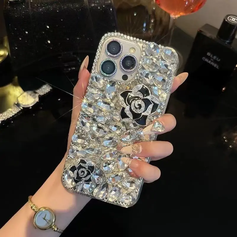 Luxe Designer Glitter Bloem Vrouwen Diamant Telefoonhoesje Voor Iphone 12 13 14 15 Pro Max Bling Bling Camellia Mobiele Telefoon Hoes