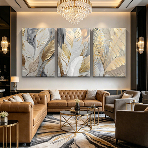 Modern Wall Art 3pcs Gold Feather Leaf Canvas Poster Abstract <strong>Neutral</strong> Grey Gold <strong>Prints</strong> for Living Room Bedroom Hotel Home Decor - Product Image 3