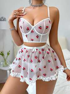 Nouveaux produits idées 2024 Sexy Costumes robe femmes Lengery Bustier à volants Bralette dentelle soutien-gorge sous-vêtements ensemble Transparent Sexy dames - Product Image 6