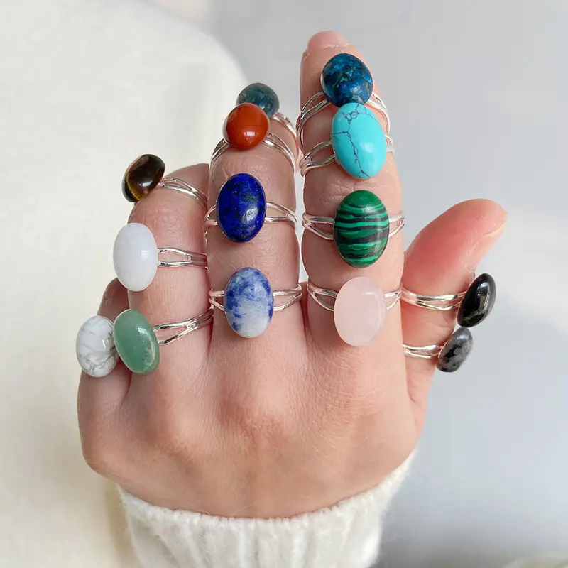 Unisex Natural Stone Ring for Women Reiki Healing Agate Semi-precious Finger Rings Alloy Adjustable Ring Men Fashion Jewelry