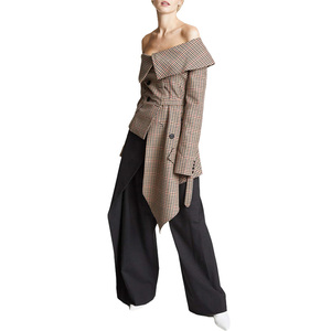 Giacca giacca a quadri a quadri a manica lunga personalizzata di alta qualità con bottone asimmetrico <span class=keywords><strong>Tweed</strong></span> da donna con spalle scoperte - Product Image 4