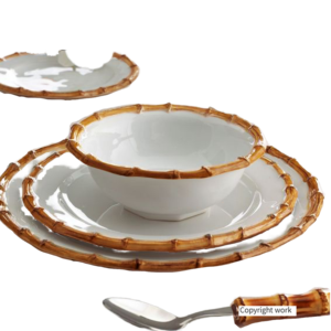 Ensemble d'assiettes de mariage en céramique de style vintage ensemble de dîner en porcelaine avec bord en bambou vaisselle écologique pour la location d'événements de restauration - Product Image 1