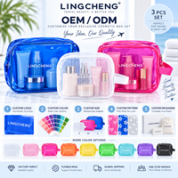Sac de voyage cosmétique en PVC, personnalisable avec logo, durable, imperméable, bleu rose, avec fermeture éclair et poignée unique – Offre Spéciale