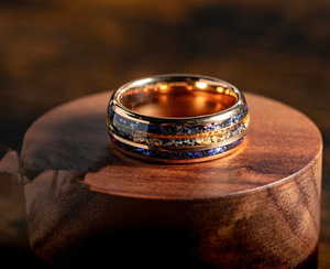 Ouyuanジュエリー金メッキ高級メンズリングインレイ金箔とブルーオパールタングステンカーバイドリング男性と女性の結婚指輪 - Product Image 4