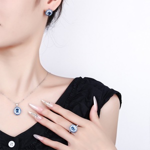 High-Grade Fashion Eco-friendly Copper Oval Cut 6*8mm Blue Zircon Pendant <b>Earrings</b> Flowers Design Necklace Jewelry <b>Set</b> for Women - Product Image 6