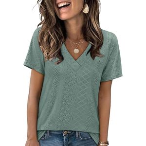 FOXA Women's Eyelet V Neck Short Sleeve T-Shirt Breathable Cotton Pullover <b>Top</b> - Product Image 1