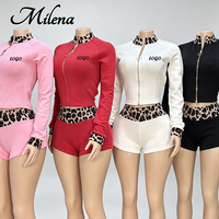 Ensemble sportif pour femme Milena, veste et short à imprimé léopard, patchwork, fermeture éclair, col montant, style streetwear, logo personnalisé