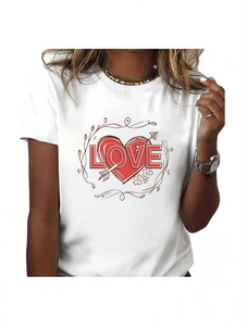 T-Shirt da Donna con Stampa Cuore, Manica Corta, Girocollo, 100% Cotone, Casual, Primavera-Estate, Tessuto Jersey, Vestibilità Regolare - Product Image 1