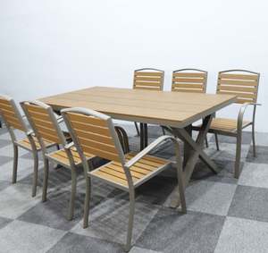 Chaises <span class=keywords><strong>et</strong></span> table <span class=keywords><strong>de</strong></span> salle à manger modernes 6 places avec chaises empilables pour usage intérieur/extérieur, plateau en bois plastique pour hôtel <span class=keywords><strong>et</strong></span> appartement - Product Image 2