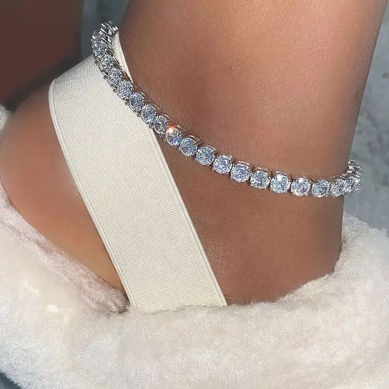 Bling Iced Out Zircon 3mm 4mm 5mm Tennis Anklet Silver Jewelry 925 Sterling Icy Diamond Tennis Chain Anklet Bracelet Women Girls