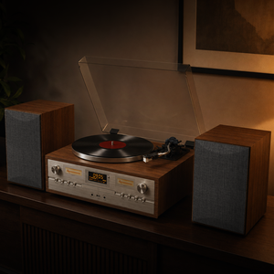 Tocadiscos Clásico Inspirado en un Fonógrafo, con Medidor VU Retro, Reproductor de Vinilo, CD <span class=keywords><strong>y</strong></span> Reproducción Automática Inalámbrica - Product Image 6