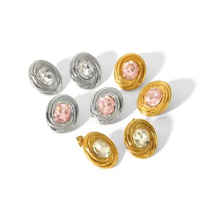 Nuevos pendientes geométricos de acero inoxidable con circonita, pendientes de joyería impermeables recubiertos de Pvd de 18K ovalados a la moda para mujer - Product Image 3