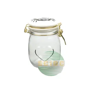 밀폐 뚜껑이 있는 식품 보관 용기, BPA 프리 세라믹 뚜껑과 황금 금속 클립이 있는 하트 모양 유리 보관 용기