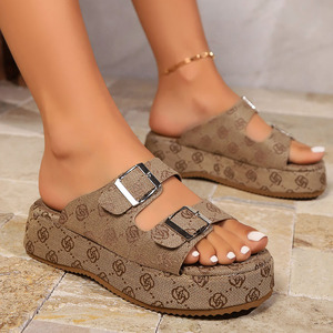 Pantuflas Estampadas al por Mayor Directo de Fábrica para Mujer, Pantuflas de Lona de Alta Calidad con Plataforma - Product Image 1