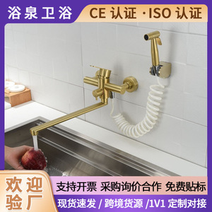 European Style Wall <b>Mounted</b> Gold Kitchen Faucet Single Handle Ceramic Valve Pull Out <b>Spray</b> Dual Hole - Product Image 5