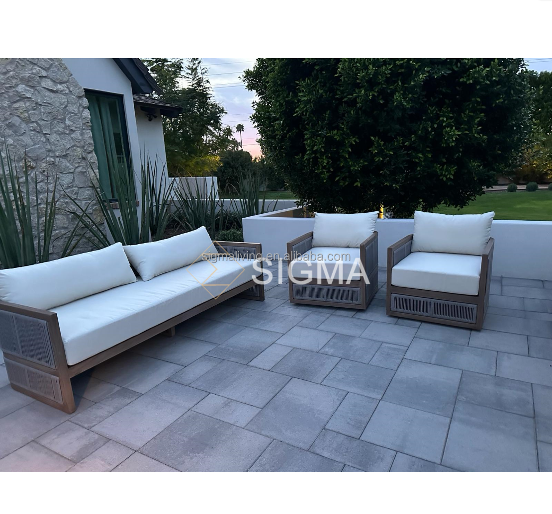 Factory Custom Patio High End Solid Wooden Sofa Set Modern All Weather Teak Wood Rope Sofa Outdoor Furniture Garden Sofa