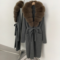 OFTBUY Strickjacke mit Naturpelzkragen, Neue Herbst-Winter-Kollektion, Damen Lange Weiche Fuchspelz-Strickjacke, Damenmantel