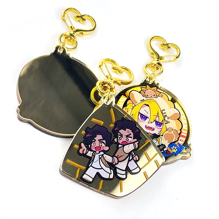 Custom Color Printed Gold Mirror Acrylic Cute Animation Key Chain Pendant For Girl Gift