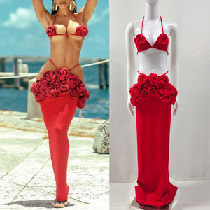 Halter 3D Flower Backless Women's <b>Sexy</b> 2 Piece <b>Set</b> Fashion - Product Image 2