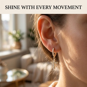 Pendientes de <span class=keywords><strong>Cruz</strong></span> de <span class=keywords><strong>Oro</strong></span> de 14K Guadalupe para Mujer, Regalo de Cumpleaños, Diamantes Redondos Brillantes Creados en Laboratorio <span class=keywords><strong>con</strong></span> Certificación NGTC, Tipo Huggies - Product Image 3