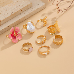 European American Fashion <b>Gold</b> Plated Twisted Big Pearl <b>Rings</b> Big Pink Flower <b>Ring</b> <b>Set</b> for Women Girls Gifts - Product Image 3