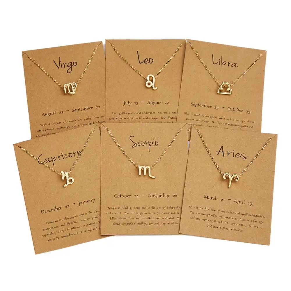 Wholesale Gift Jewelry Gold Plated 12 Astrology Letter Sign Creative Simple Zodiac Pendant Necklace With Card Packing