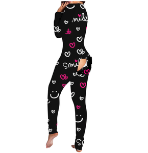 Pantalón largo estampado completo y manga larga vacaciones Navidad ropa <span class=keywords><strong>de</strong></span> dormir Navidad Onesie pijamas con solapa en el trasero para mujer - Product Image 5