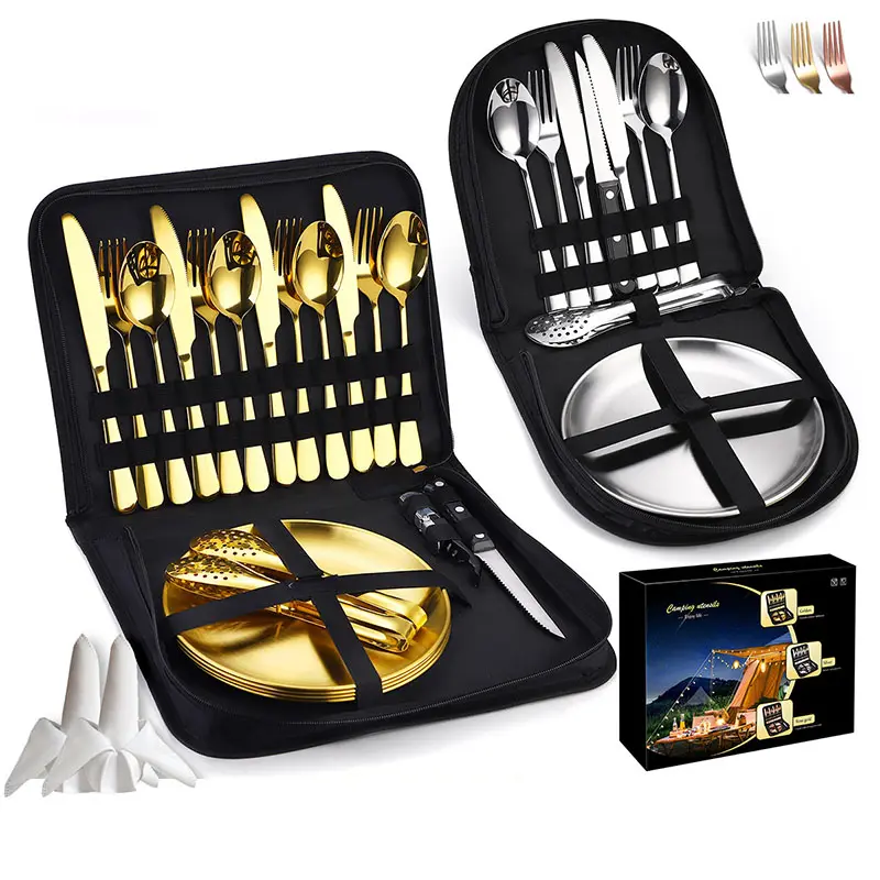 Tragbares Picknick Camping Besteck im Freien 2 4 Personen Edelstahl platte Lebensmittel Tong Gabel Löffel Messer Set Besteck