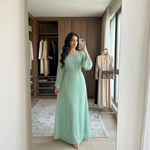 Chiffon Rhinestone Muslim <b>Dress</b> <b>for</b> <b>Eid</b> Women <b>Long</b> Sleeve Maxi Festive ODM Collection - Product Image 1