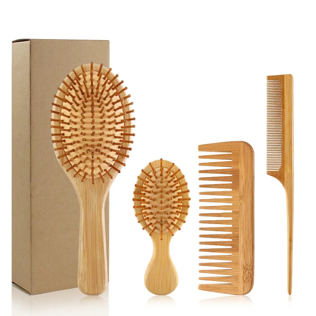 Vente chaude de haute qualité ovale en bois ou bambou brosse à cheveux ensemble brosse à cheveux en poils de sanglier avec ensemble de peignes en bois