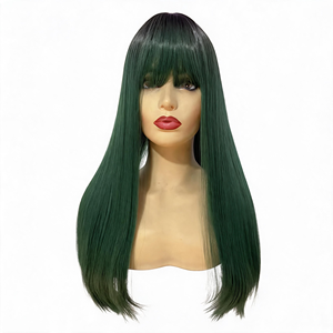 Parrucca Sintetica Lunga e Liscia con <span class=keywords><strong>Radice</strong></span> Nera e Sfumatura Verde Scuro, Frangia Completa, Resistente al Calore, per Halloween, per Donne - Product Image 2