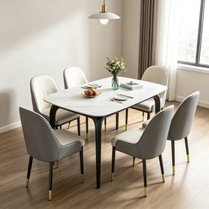Ensemble de table à manger rectangulaire moderne en marbre, 6 chaises en cuir PU, plateau en pierre frittée, pieds en métal, mobilier de salle à manger minimaliste - Product Image 2