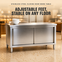 Table de préparation robuste en acier inoxydable avec rangement intégré - Portes coulissantes - Plan de travail épais - Pieds réglables - Finition mate brossée