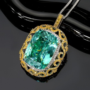 Fashion Eco-friendly Copper Jewelry Vintage 20*28mm Paraiba Cubic Zirconia Women <b>Statement</b> Hollow Out Pendant <b>Necklace</b> - Product Image 3