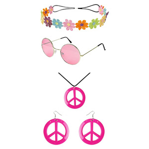 Beelittle Hippie Costume Accessories Set - Round Circle Glasses & Peace Sign Necklace For 60s & 70s Theme Parties