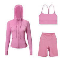 Ensemble trois pièces personnalisé avec logo pour femme : veste à capuche respirante pour le yoga + soutien-gorge + pantalon de cyclisme, séchage rapide