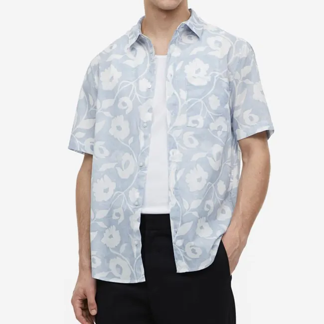 Custom Summer Casual Breathable Floral Printed Regular Fit Short Sleeve Cotton Shirt For Men