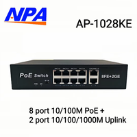 Switch Ethernet Apilable AI POE de 10 Puertos 10/100Mbps con 2 Uplinks Gigabit, Protección contra Rayos de 6KV y Extensión de 250m ANPA AP-1028KE
