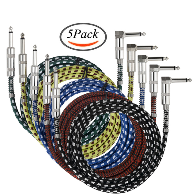 Bochara 6.5mm 6.35mm TS Jack Male to Male Guitar Instrument OFC Audio Cable 1/4inch Jack Foil+Braided Shielded 5Colours/Pack