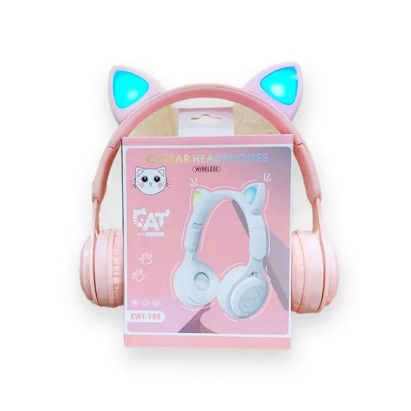 Écouteurs supra-auriculaires personnalisés de haute qualité Y08 mignon casque d'oreille de chat rose filles casque sans fil avec micro